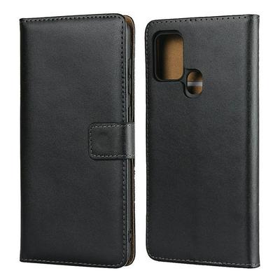 Plain Weave Shock-Absorption Side Flip Genuine Leather + Soft TPU Magnetic Buckle with Card Slots and Stand Wallet Case for Samsung Galaxy A21s