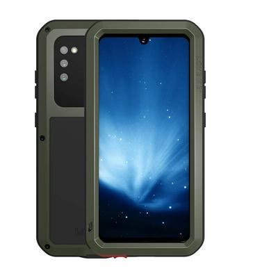 Love Mei Powerful Series Dust-Proof Shockproof Splash-Proof Silicone + Metal + Tempered Glass Support Wireless Charging Back Cover Case for Samsung Galaxy A41