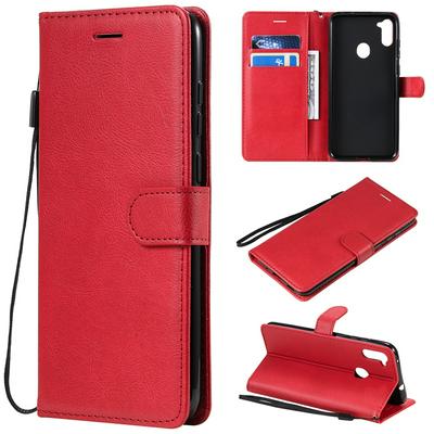 Solid Color Wrist Strap Style Shockproof Side Flip PU Leather + Soft TPU Card Slots with Stand and Magnetic Buckle Wallet Case for Samsung Galaxy A11