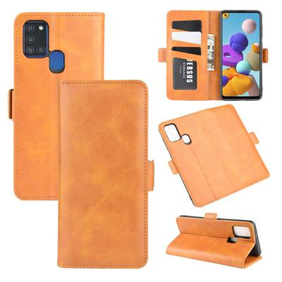 Retro Side Flip Shockproof Anti-Scratch PU Leather + Soft TPU Picture Frame Double Buckles with Stand and Card Slots Wallet Case for Samsung Galaxy A21s