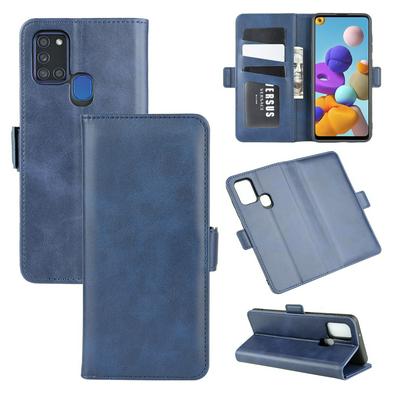 Retro Side Flip Shockproof Anti-Scratch PU Leather + Soft TPU Picture Frame Double Buckles with Stand and Card Slots Wallet Case for Samsung Galaxy A21s