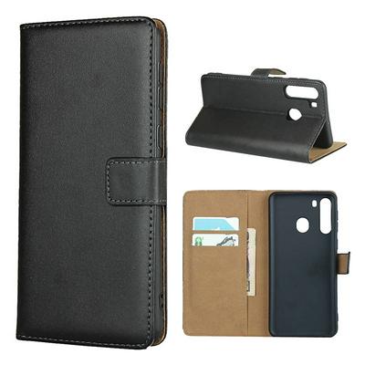 Plain Weave Shock-Absorption Side Flip Genuine Leather + Soft TPU Magnetic Buckle with Card Slots and Stand Wallet Case for Samsung Galaxy A21