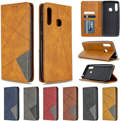 Rhombus Pattern Anti-Fall Side Flip PU Leather + Soft TPU Picture Frame Stand with Magnetic Closure and Card Slot Wallet Case for Samsung Galaxy A70e