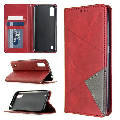 Rhombus Pattern Anti-Fall Side Flip PU Leather + Soft TPU Picture Frame Stand with Magnetic Closure and Card Slot Wallet Case for Samsung Galaxy A01
