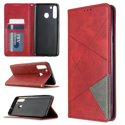 Rhombus Pattern Anti-Fall Side Flip PU Leather + Soft TPU Picture Frame Stand with Magnetic Closure and Card Slot Wallet Case for Samsung Galaxy A21