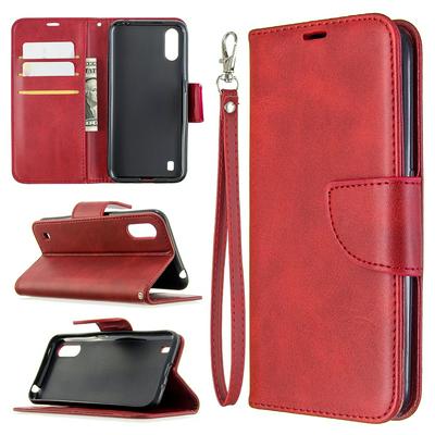Solid Color Lambskin Wrist Strap Side Flip Shockproof PU Leather + Soft TPU Card Slots with Magnetic Buckle and Stand Wallet Case for Samsung Galaxy A01