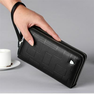 Men's Genuine Leather Clutch Wallet Decent Zipper Purse with Wrist Strap
