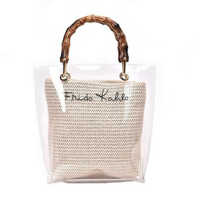 Women's Fashionable 2 in 1 Handbag Set Handknitted Bag and Clear Tote Bag Combination Set