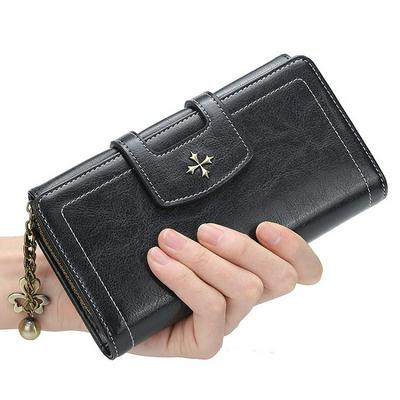 Women's Long Trifold Wallet Waxed Leather Purse with Snap Button and Zipper