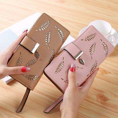 Women Wallet Card Holder Purse Female Long Wallet Gold Hollow Leaves Pouch 