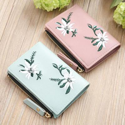 Embroidery Zipper Bag Card Holders Short Wallet PU Leather Wallets Female Flowers Hasp Purse 