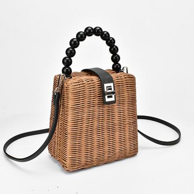 Women's Beaded Top Handle Rattan Handbag Crossbody Summer Beach Tote 