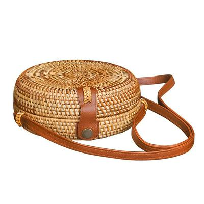 18x7cm Round Vietnamese Hand-Woven Rattan Shoulder Leather Straps Casual Beach Single Shoulder Cross Body Bags with Buckle for Female