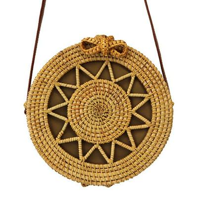 Pentagram Hollow Vietnamese Hand-Woven Rattan Shoulder Leather Straps Casual Beach Cross Body Round Women Bag with 8 Word Buckle 