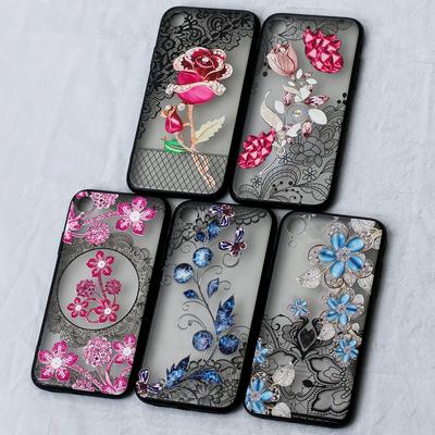 Diamond Studded 3D Colored Painting Lace Pattern TPU Back Cover Case for iPhone XR 6.1