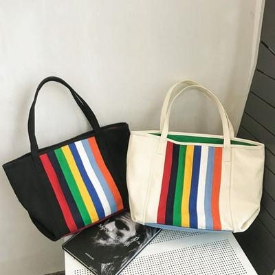 Fashion Stripe Color-contrast Canvas Tote Bag Commuter Single Shoulder Bag for Women