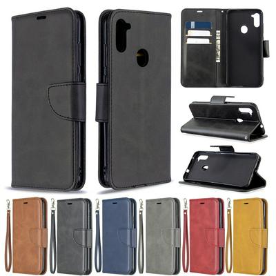 Solid Color Sheep Pattern Wrist Strap Style Shock-Absorption Side Flip PU Leather + Soft TPU Card Slots with Magnetic Buckle and Stand Wallet Case for Samsung Galaxy A11