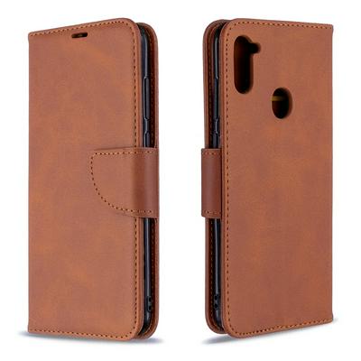 Solid Color Sheep Pattern Wrist Strap Style Shock-Absorption Side Flip PU Leather + Soft TPU Card Slots with Magnetic Buckle and Stand Wallet Case for Samsung Galaxy A11