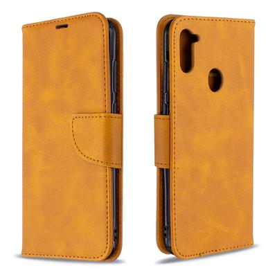 Solid Color Sheep Pattern Wrist Strap Style Shock-Absorption Side Flip PU Leather + Soft TPU Card Slots with Magnetic Buckle and Stand Wallet Case for Samsung Galaxy A11