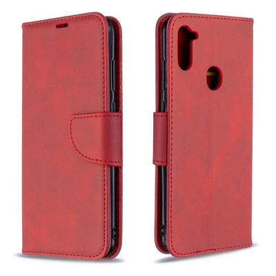Solid Color Sheep Pattern Wrist Strap Style Shock-Absorption Side Flip PU Leather + Soft TPU Card Slots with Magnetic Buckle and Stand Wallet Case for Samsung Galaxy A11