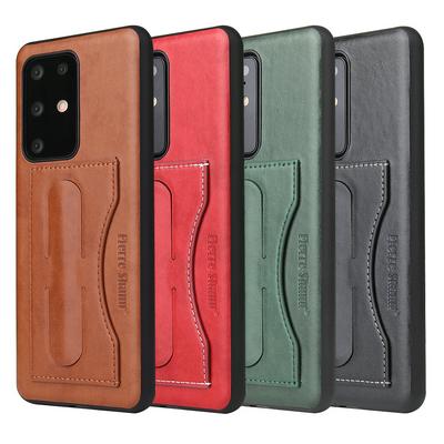 FIERRE SHANN Simple PU Leather Coated PC Backplane + TPU Border with Card Holder and Kickstand Back Cover Case for Samsung Galaxy S20 Ultra