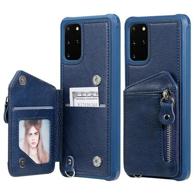 Solid Color Wrist Strap Style Double Buckles with Picture Frame Card Slot and Stand PU Leather Coated Soft TPU Zipper Back Cover Case for Samsung Galaxy S20+