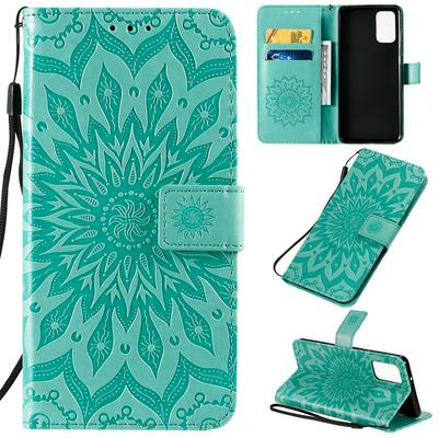 Embossed Sunflower Pattern Wrist Strap Style Shockproof Side Flip PU Leather + Soft TPU Card Slots with Magnetic Buckle and Stand Wallet Case for Samsung Galaxy S20