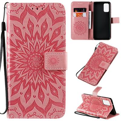 Embossed Sunflower Pattern Wrist Strap Style Shockproof Side Flip PU Leather + Soft TPU Card Slots with Magnetic Buckle and Stand Wallet Case for Samsung Galaxy S20