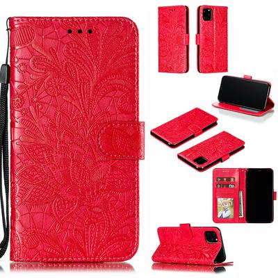 Wallet Case for iPhone 11 Pro Max, Flower-embroidered Leather Phone Case with Lanyard and Magnetic Closure