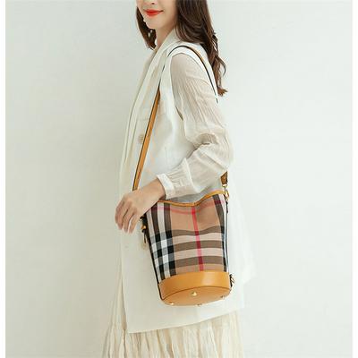 Lattice Pattern Fashion PU Leather Women Zipper Single Shoulder Cross-Body Bucket Bag for Shopping Work Outdoor 