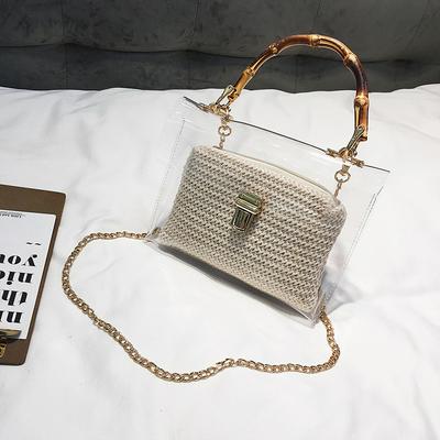 Women's 2 in 1 Handbag External Clear Waterproof Handbag and Internal Straw-plaited Clutch Bag