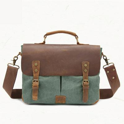 Retro Genuine Leather Canvas Men Briefcase Single Shoulder Bags Vintage Crossbody Bags Business Handbags Travel for 14 Inch Laptop Bag