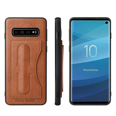 Fierre Shann Beveled Design Built-in Kickstand Leather Coated Soft TPU with Card Slot Back Cover Protective Phone Case for Samsung Galaxy S10 Lite