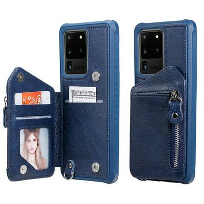 Solid Color Wrist Strap Style Double Buckles with Picture Frame Card Slot and Stand PU Leather Coated Soft TPU Zipper Back Cover Case for Samsung Galaxy S20 Ultra