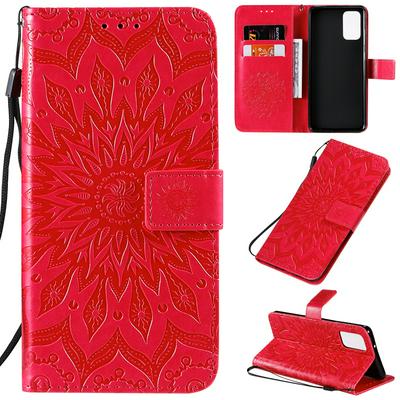 Embossed Sunflower Pattern Wrist Strap Style Shockproof Side Flip PU Leather + Soft TPU Card Slots with Magnetic Buckle and Stand Wallet Case for Samsung Galaxy S20