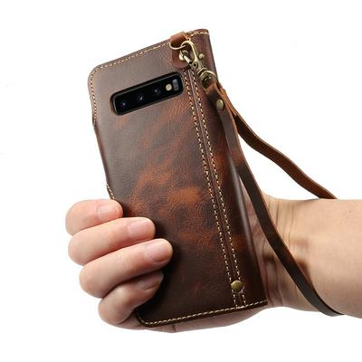 Oil Wax Cowhide Button Design Shockproof Genuine Leather + Soft Silicone with Wrist Strap and Card Slots Wallet Protective Case for Samsung Galaxy S10+ / S10 Plus