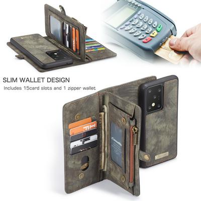 CaseMe Zipper Style Shockproof PU Leather + Detachable Leather Coated TPU Back Card Slots with Picture Frame Wrist Strap and Buckle Wallet Case for Samsung Galaxy S20 Ultra
