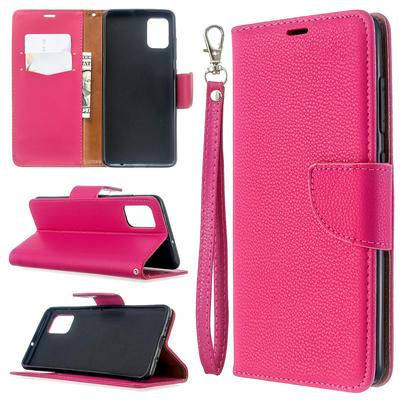 Solid Color Litchi Pattern Wrist Strap Style Side Flip Shockproof PU Leather + Soft TPU Magnetic Buckle with Card Slots and Stand Wallet Case for Samsung Galaxy A51