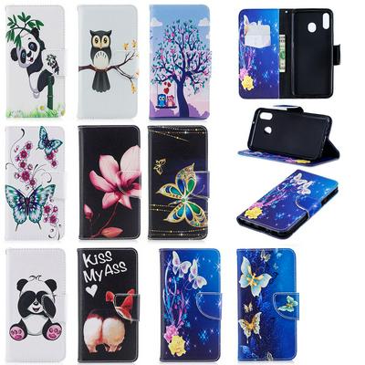 Colored Painting Shockproof Side Flip PU Leather + Soft TPU Card Slots with Magnetic Buckle and Stand Wallet Protective Case for Samsung Galaxy M20