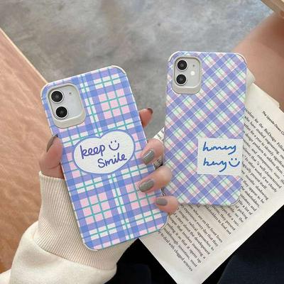 For iPhone 12/12 Pro(6.1) Purple Grid Natural Silk Lambskin Hard PC Back Cover Protective Shell