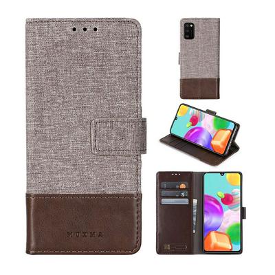 For Samsung Galaxy A41 Splicing Canvas Pattern Flip Leather Case with Card Slots and Stand Function