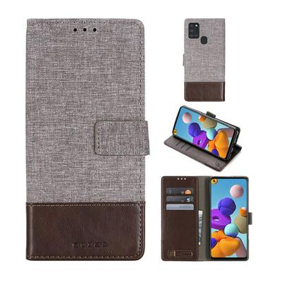 For Samsung Galaxy A21s Splicing Canvas Pattern Flip Leather Case with Card Slots and Stand Function