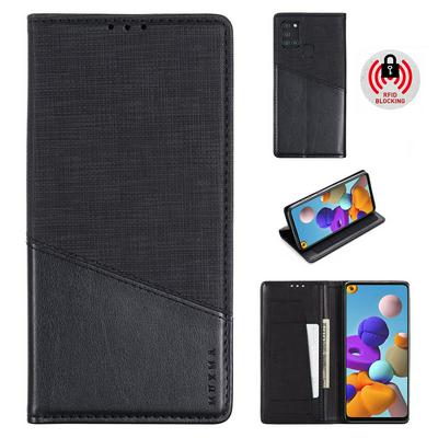 For Samsung Galaxy A21s Splicing Solid Color Magnetic Closure Shockproof Flip Leather Case with Card Slot & Stand Function
