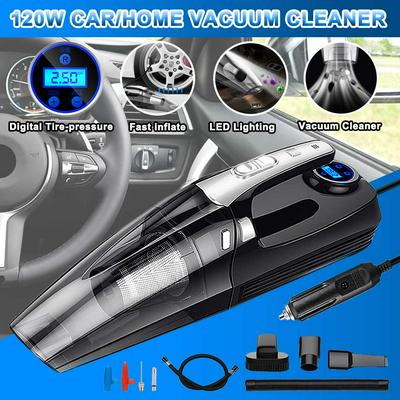4-in-1 120W Car & Home Dual-Use Handheld Wired Inflator Pump with Digital Tire Pressure Gauge LED Light Vacuum Cleaner 