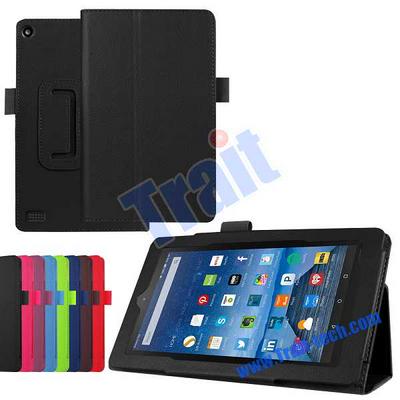Lichee Pattern Side Flip Stand PU Leather Case for Amazon Fire 7 - Black