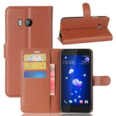 PU Leather + Soft TPU Card Holder with Adjustable Stand Support Wallet and Magnetic Buckle Case for HTC U11 - Brown