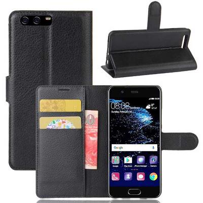 Lichee Pattern Side Flip Wallet Style PU Leather + Soft TPU Card Holder with Stand and Magnetic Buckle Case for Huawei P10 - Black