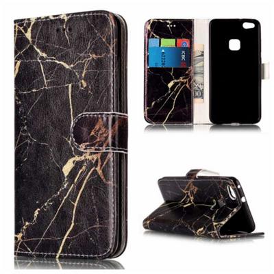 Colored Painting TPU + PU Leather Case with Wallet Style Magnetic Flip Card Holder Slot Wrist Srap for Huawei P10 Lite - Black