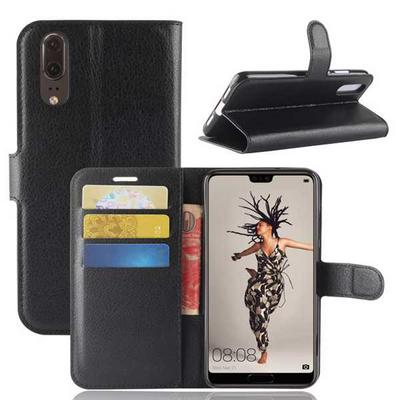 Litchi Pattern Solid Color Side Flip PU Leather + Soft TPU Card Slots with Stand and Magnetic Buckle Wallet Protective Case for Huawei P20 - Black