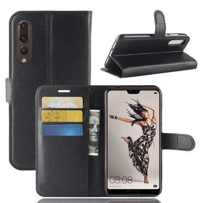 Litchi Pattern Wallet Stand Card Holder Slots PU Leather + TPU Protective Cover Case for Huawei P20 Pro / Plus - Black